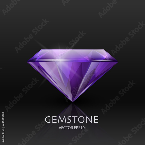 Vector Banner with 3d Realistic Purple Transparent Gemstone, Diamond, Crystal, Rhinestones Closeup on Black. Jewerly Concept. Design Template, Clipart. Side View