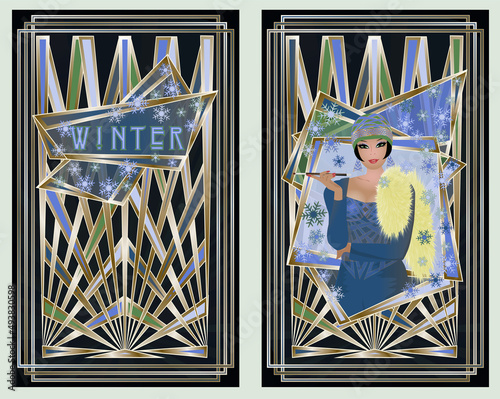 Winter seasons woman, Art deco vip card, vector illustration