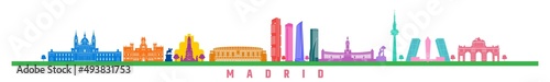 Outline madrid spain city skyline with colored vector image, monuments of madrid.