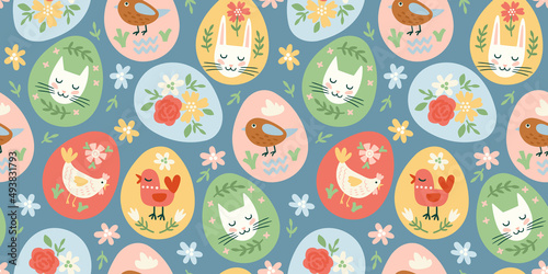 Happy Easter. Vector seamless pattern. Easter eggs with holiday symbols.