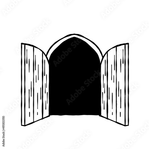 Old wooden door of castle. Ancient entrance to fortress or house. Cartoon scenery. Gate to dungeon. Door with arch and doorway. Hand drawn outline illustration