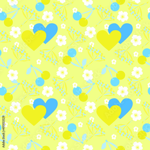 Ukraine seamless pattern. Sincere hearts blue and yellow, favorite cherries and viburnum, native white flowers. For use to the delight of our people in everyday life, advertising, production. Modern 