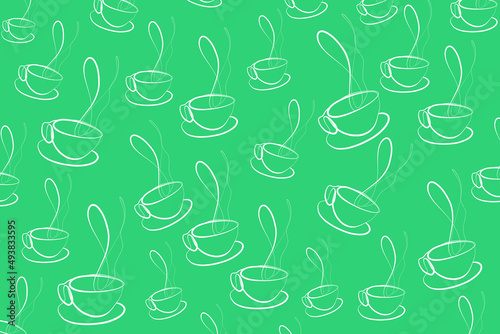 Pattern of coffee cups with continuous line on turquoise background.