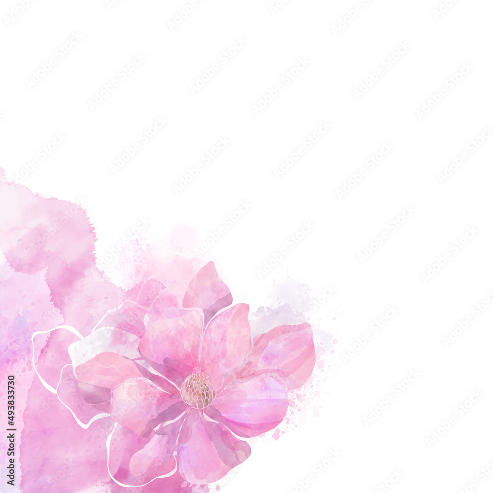 Abstract art botanical background.  Luxury wallpaper design with magnolia flowers on pink watercolor background. Minimal Design for text, packaging and prints.