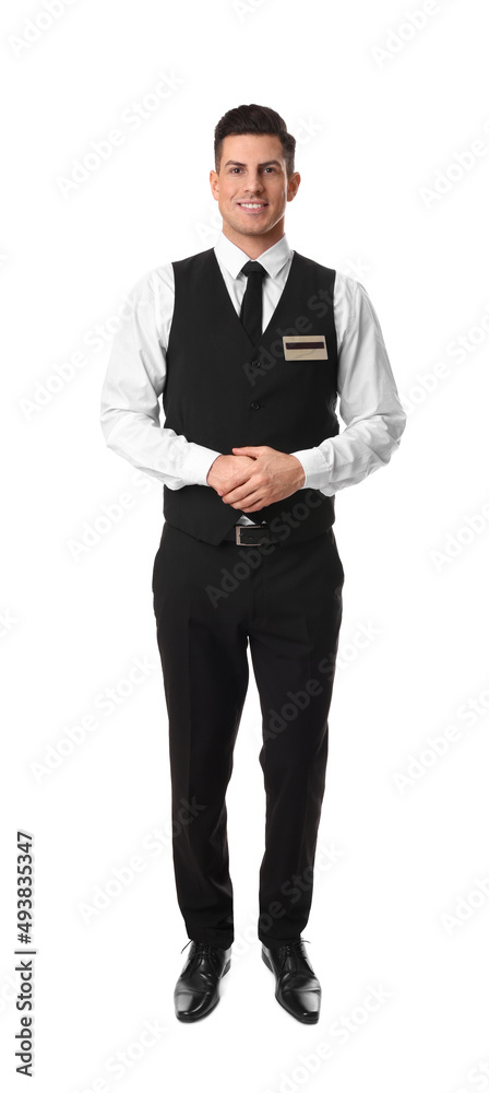 Full length portrait of happy receptionist in uniform on white background Full length portrait of happy receptionist in uniform on white background