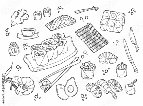 Sushi and rolls set in Doodle style. Japanese traditional cuisine dishes - nigiri, temaki, tamago, sashimi, uramaki, futomaki. vector drawing isolated on white background for asian restaurant menu.