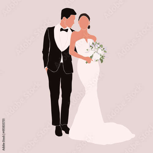 Abstract silhouette of wedding couple groom and bride. Woman with bouquet and man portrait. Invitation card. Wedding ceremony. Marriage people vector illustration. Newlyweds poster wall print decor