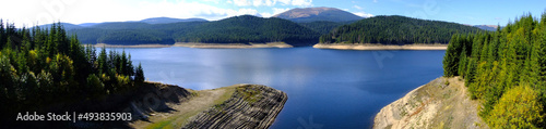 Oasa lake panorama in a sunny summer day. The shores are covered with dense, wild coniferous forests. The massive crests of Sureanu Mountains can be seen in the background. Carpathia, Romania.  photo