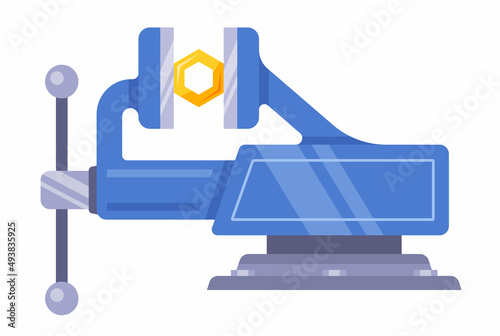 blue iron vise. master equipment. the nut is clamped in a vise. flat vector illustration.