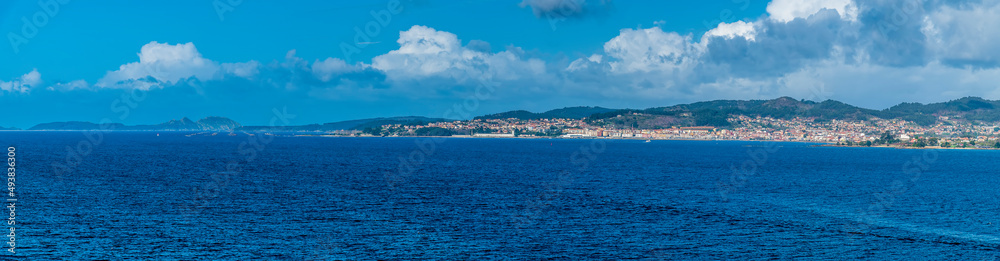 A panorama view from the cruise terminal across the Vigo estuary in Vigo, Spain on a spring day