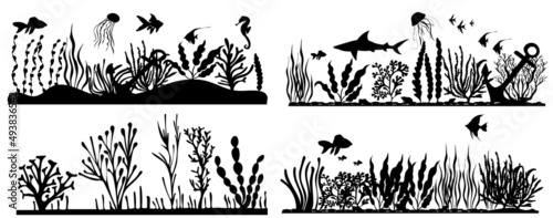 collection of algae and fish silhouette isolated vector