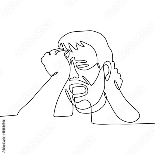 Man crying, sobbing, roaring - one continuous line drawing. Man opened his mouth and grabbed his forehead. Sorrow, Grief, Misfortune concept. Vector linear hand drawn illustration.