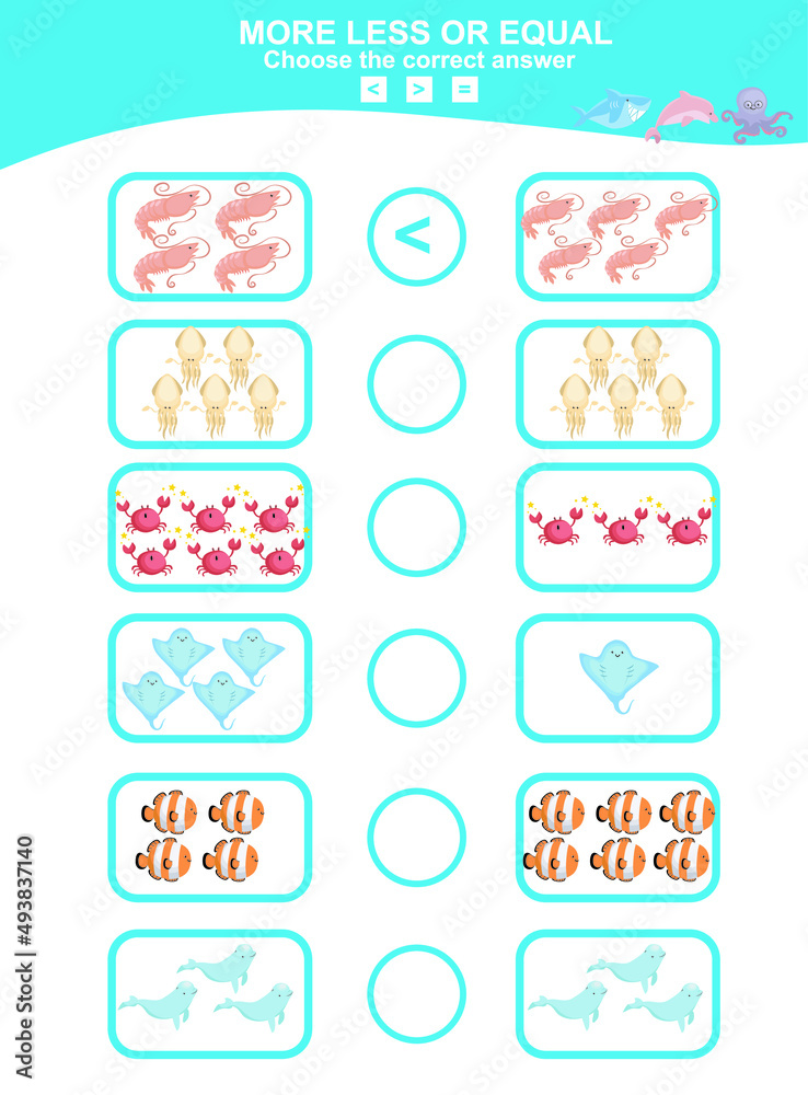 Choose more, less or equal game. Math education worksheet with animal theme. Educational printable math worksheet. Vector illustration. Choose more, less or equal game. Math education worksheet with animal theme. Educational printable math worksheet. Vector illustration.