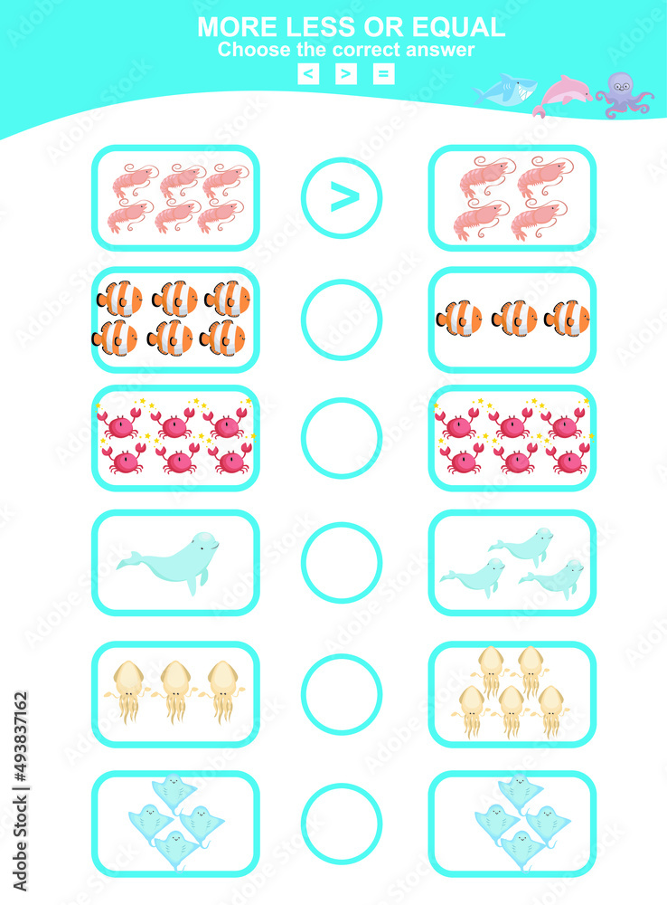 Choose more, less or equal game. Math education worksheet with animal theme.  Educational printable math worksheet. Vector illustration.