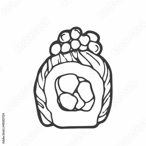 Fresh delicious sushi rolls in doodle style. Black and white isolated illustration on a white background