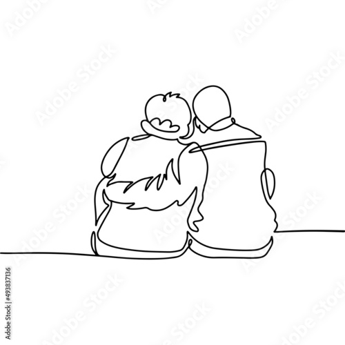 Elderly couple in continuous line art drawing style. Back view of senior people sitting together and hugging. Happy old age concept. Minimalist black linear sketch. Vector hand drawn illustration.