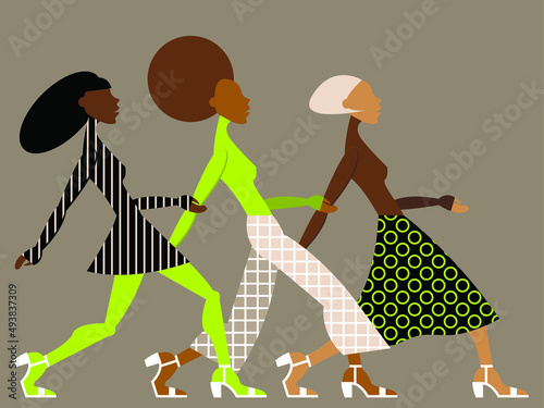 Vector illustration - three beautiful supermodels of different races walk the catwalk in vintage hipster clothes isolated. Concept - fashion show