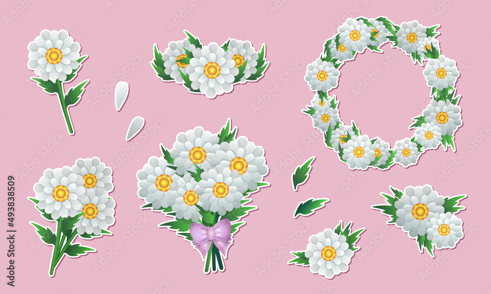 Collection of tender stickers with chamomile in bouquets, bunches, wreath, etc. Cartoon spring flowers for decoration. Vector illustration EPS 10