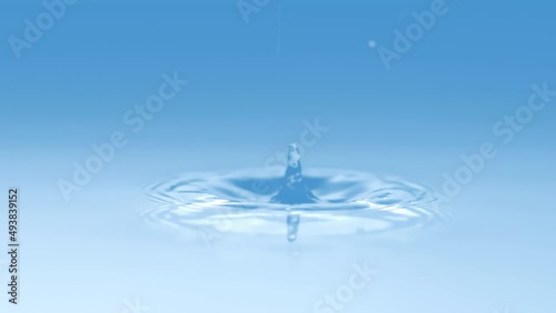 Cosmetic abstract slow motion falling water drop creating concentric ripple waves. Concept 3D animation fluid droplet background for hydropower, natural pure drinking water, health care and beauty.