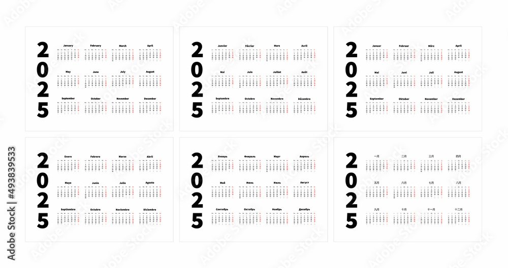 Set of 2025 year simple horizontal a4 size calendars in english