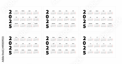 Set of 2025 year simple horizontal a4 size calendars in english, spanish, russian, french, chinese and german languages, typographic calendar isolated on white