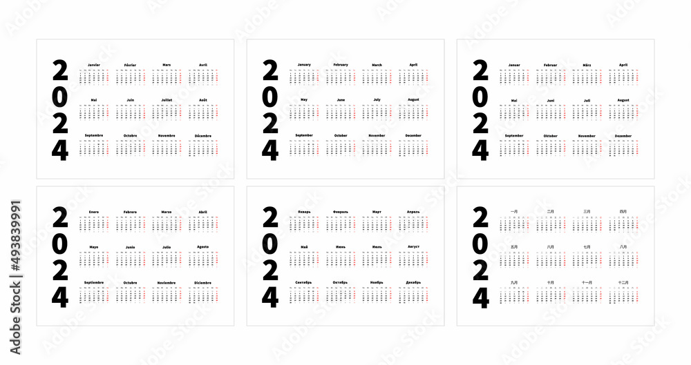 Set of 2024 year simple horizontal a4 size calendars in english, spanish,  russian, french, chinese and german languages, typographic calendar  isolated on white Stock-Vektorgrafik | Adobe Stock