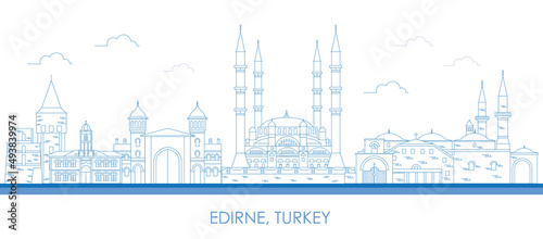 Outline Skyline panorama of city of Edirne, Turkey - vector illustration