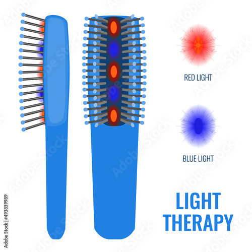 Laser comb device for hair regrowth. Red light therapy brush for hair restoration in androgenetic alopecia. Medical concept. Vector illustration.