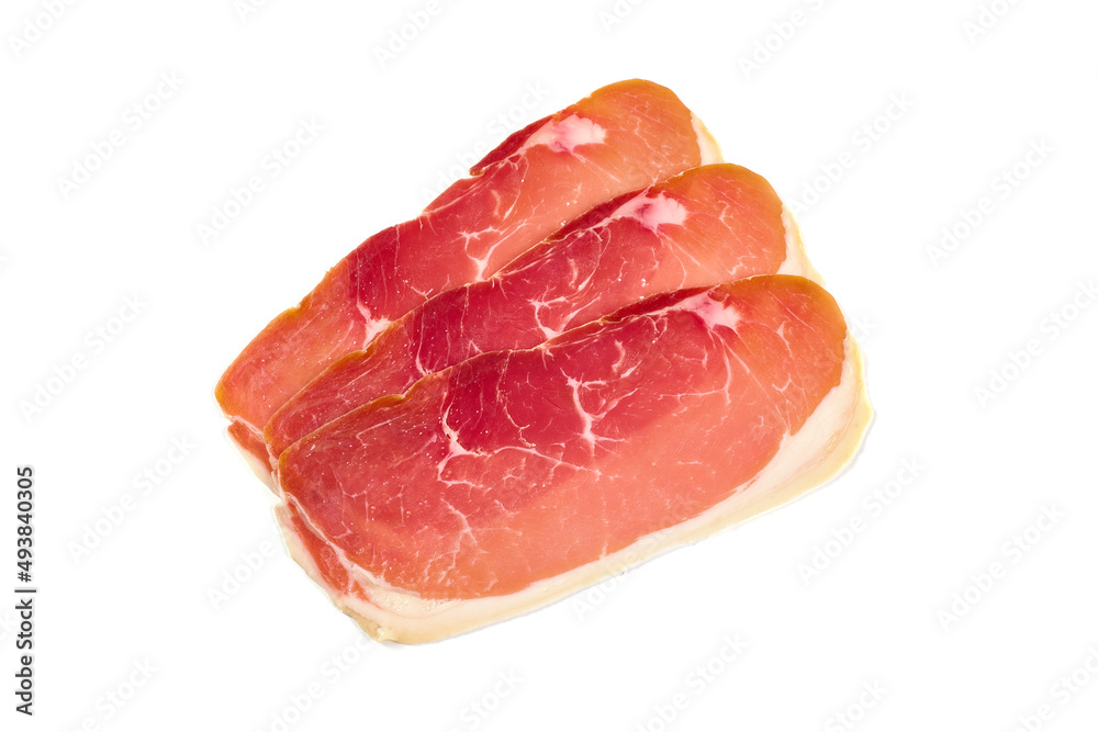 Spanish jamon iberico, serrano ham, isolated on white background. High resolution image.