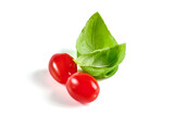 Basil herb with cherry tomatoes, isolated on white background. High resolution image.