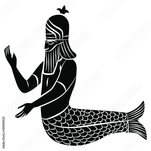 Sumerian god Uanna or Oannes. Dagon. Fantastic sea creature. Merman. Half man half fish. Babylonian Mesopotamian mythology. Black and white negative silhouette.