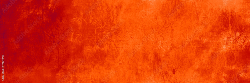 Hot red orange background with texture, old distressed metal grunge textured design in warm fall or autumn colors, October or halloween vintage metal banner or backdrop with no people