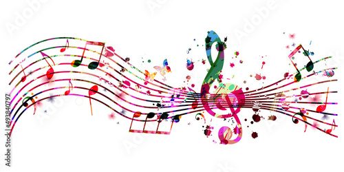  Colorful musical promotional poster with musical notes, staff and G-clef isolated vector illustration. Artistic and playful background for live concert events, music festivals and shows, party flyer