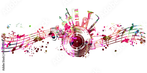  Colorful musical promotional poster with musical instruments and notes isolated vector illustration. Artistic playful design with vinyl disc for concert events, music festivals and shows, party flyer