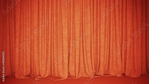 Realistic 3D animation of the cozy orange textured canvas curtain with carpet flooring rendered in UHD with alpha matte