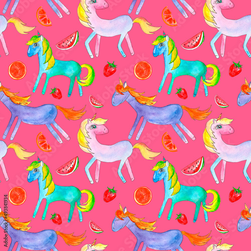 Seamless pattern of watercolor illustrations  unicorns of purple  turquoise  pink color with pieces of fruit on pink 