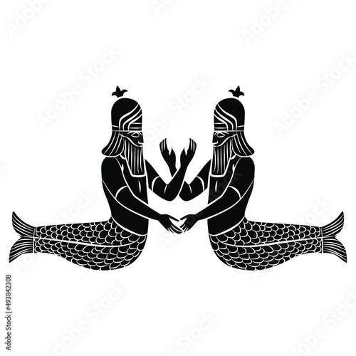 Symmetrical design with two fantastic Sumerican mermen holding hands. God Uanna or Oannes. Dagon. Merman. Half man half fish. Babylonian Mesopotamian mythology. Black and white negative silhouette.