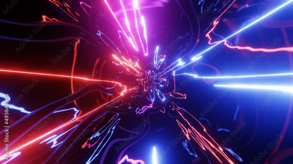 Hi-tech neon sci-fi tunel. Trendy neon glow lines form pattern and construction in mirror tunnel. Neon pattern, signal. Fly through technology cyberspace. 3d looped seamless 4k bright youth background