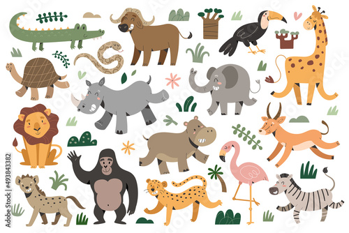 African animals collection, smiling giraffe, jumping zebra and laughing elephant, jungle and safari animals with facial expressions, funny hippo and rhino isolated vector illustrations © Favebrush