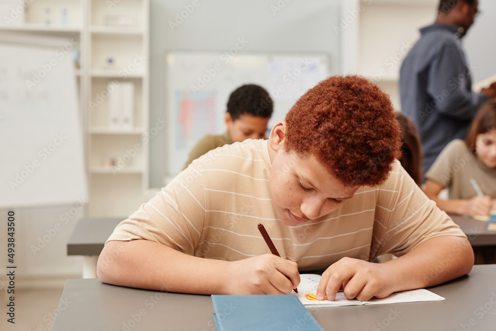 Portrait of red haired teenage boy working hard while studying in school classroom Portrait of red haired teenage boy working hard while studying in school classroom