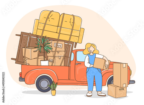 Woman moves into a new house, transporting her belongings and furniture in a truck. Vector illustration in doodle style.