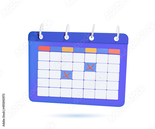 Calendar with rings and marked date. Time management, planning concept. 3d vector icon. Cartoon minimal style. Calendar icon and red crosses. Mark the date, holiday, important day concepts. 3D vector