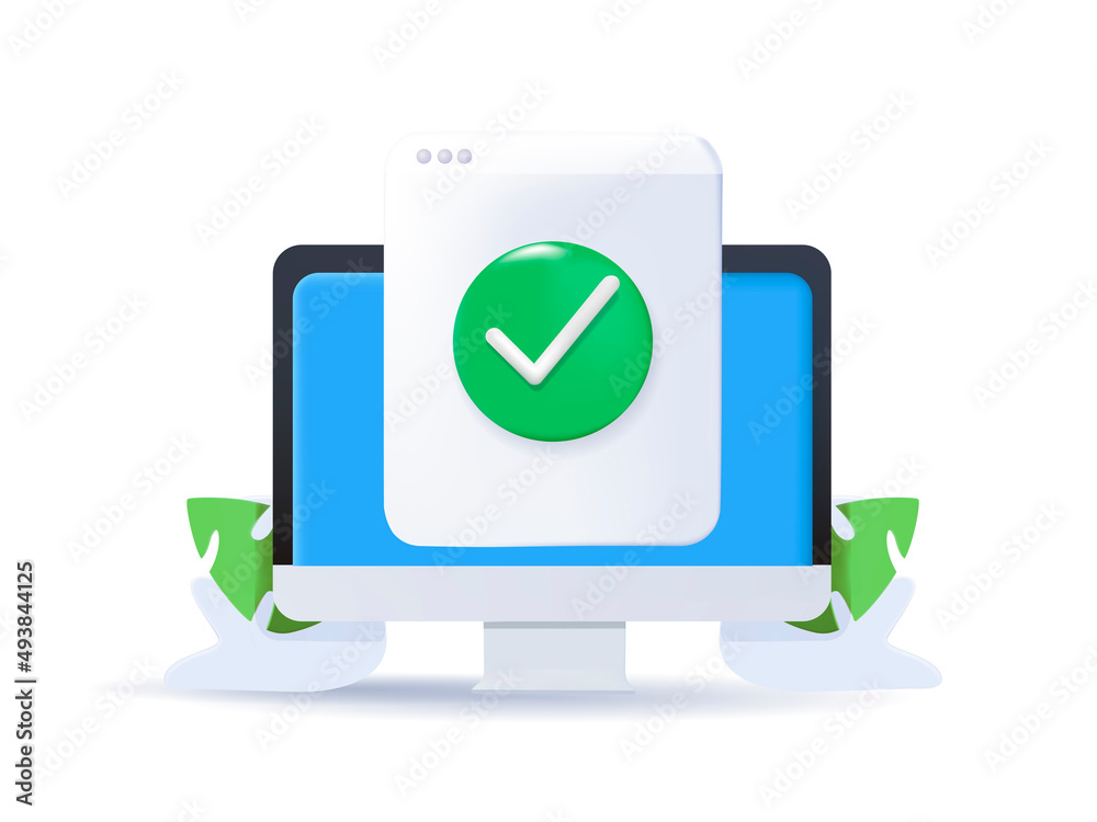 Document file with approved check mark on computer screen. 3d vector icon.  Cartoon minimal style. Confirmed online document file check approval.  Desktop or pc computer quality control of text writing Stock-Vektorgrafik