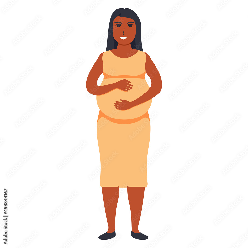 Happy african american pregnant woman holds her belly. Afro woman ...