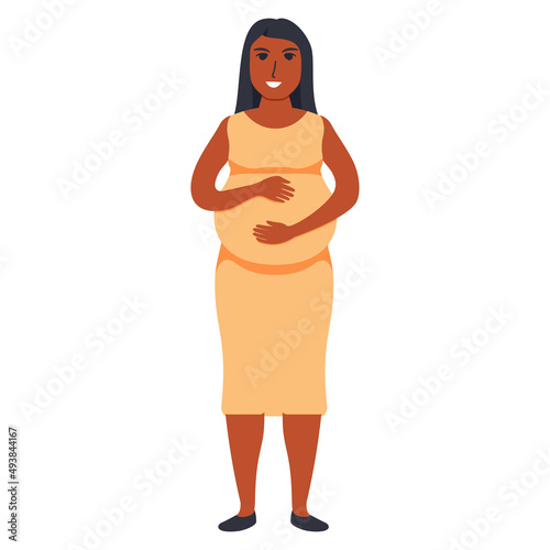 Happy african american pregnant woman holds her belly. Afro woman touching her belly.Isolated on white background. Vector flat illustration. photo