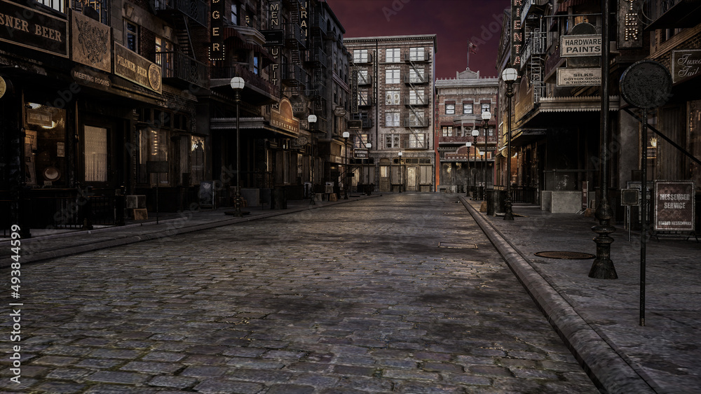 Old 1920s film noir style city street in the evening. 3D rendering.