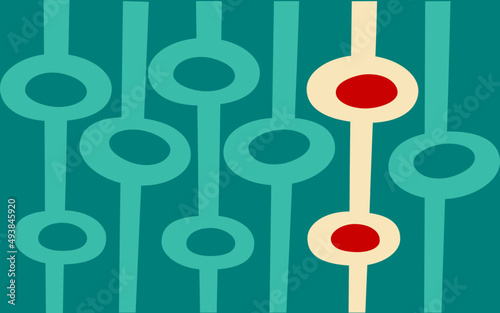 Mid-century modern pattern in the style of the atomic age  design era, in teal green, red and off-white. photo