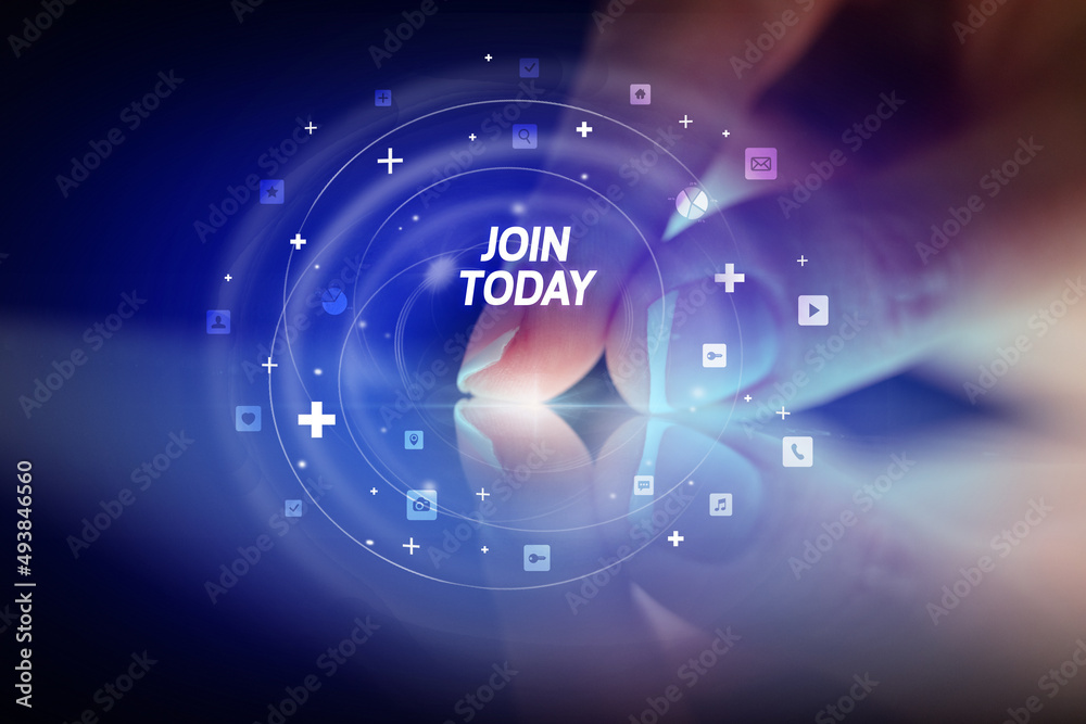 Finger touching tablet with social media icons concept Finger touching tablet with social media icons concept