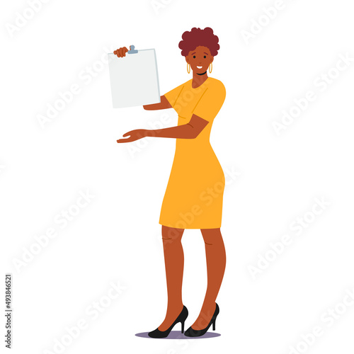 Female Character Presenting Information. Smiling African Woman Show White Empty Clipboard Present and Pointing Subject