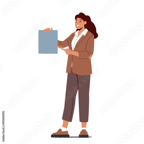 Smiling Business Woman Wear Formal Suit Show Empty Banner. Female Character Presenting Information and Pointing